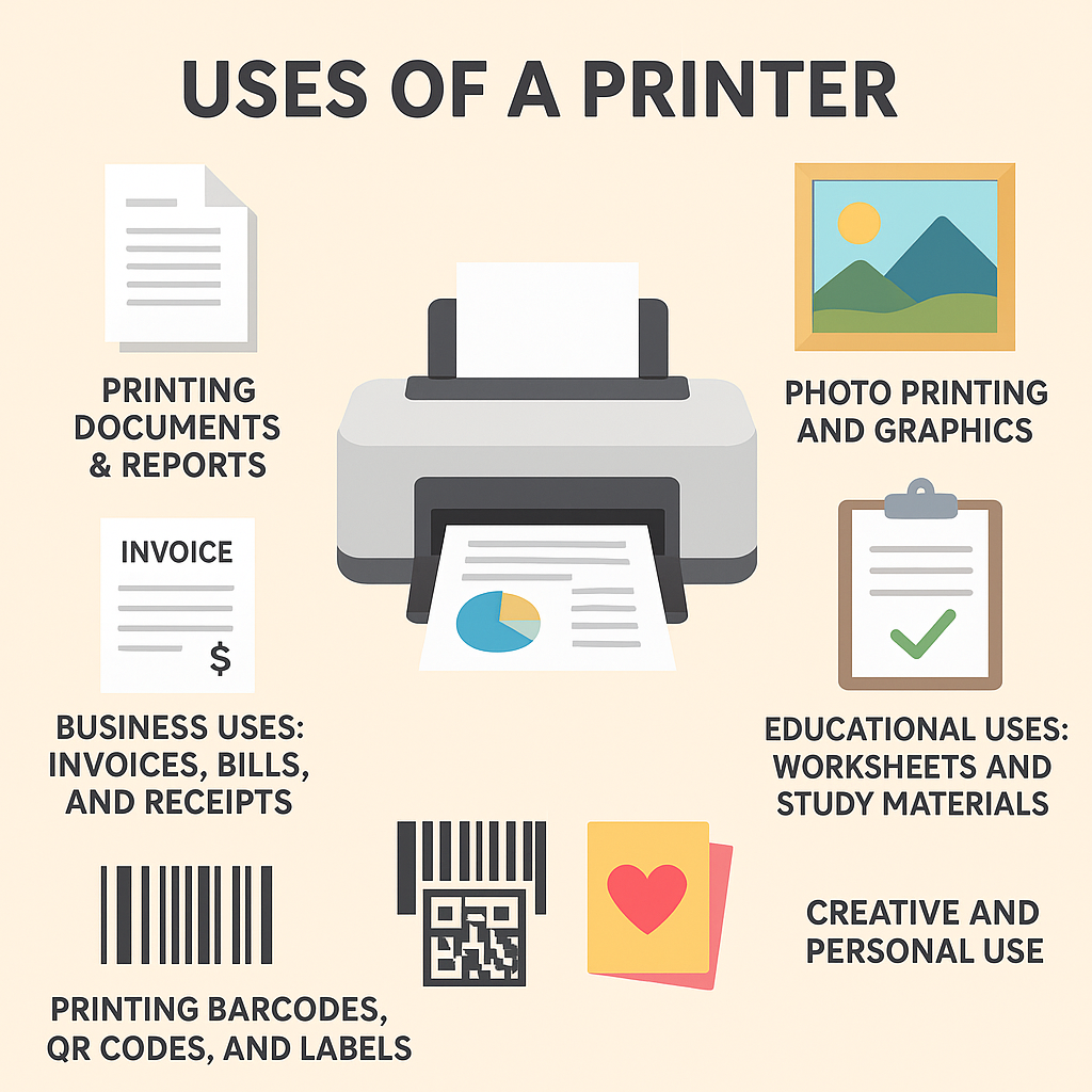 A square infographic titled “Uses of a Printer,” featuring a central illustration of a printer with a printed page.