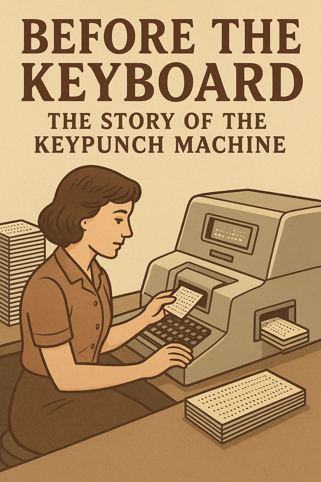 A square, vintage-style sepia illustration of a woman operating a keypunch machine.